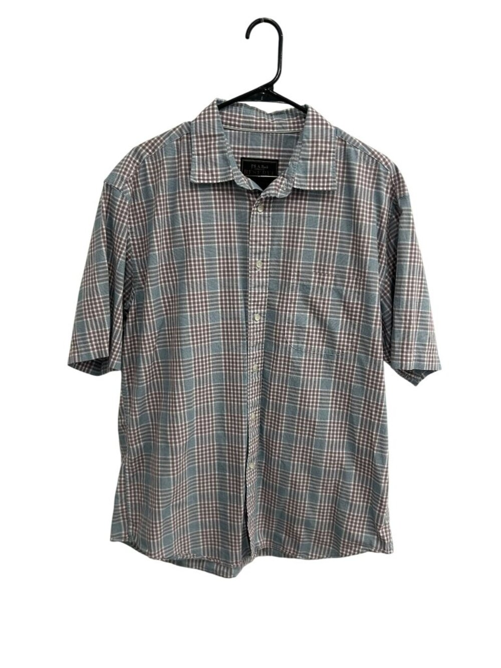 Jos A Bank Reserve Large Brown Blue Plaid Short Sleeve Button Up Neutral Boho
